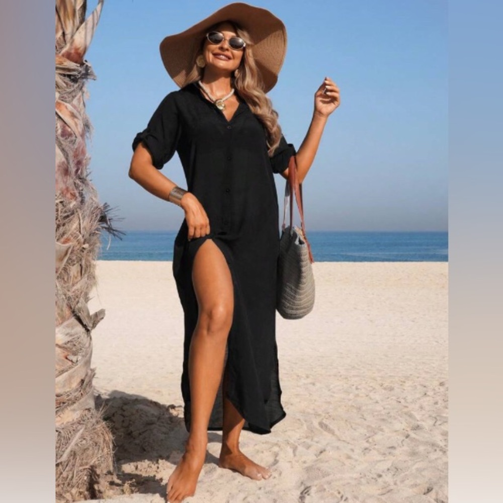Elegant Chiffon Sheer Beach Black Button-Down Maxi Cover-up 3/4 Sleeves.